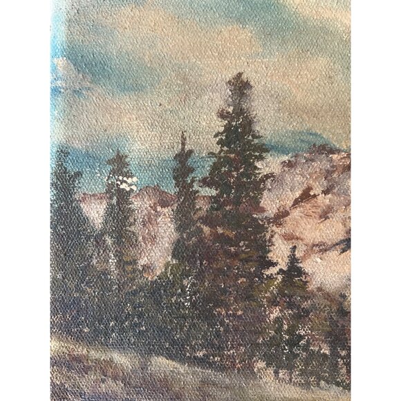 Vintage Distressed Charm Moody Mountain Landscape Oil Painting on Canvas 12"x16" - Picture 4 of 15